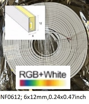 Neon-Flex 0612, RGBW-UL, 24VDC, 12 Watts/meter, 60LM/W, Dimmable, Cuts 50mm, Side Bend, Flat Top- 3000K/10mt/33ft