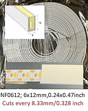 Neon-Flex 0612, UL-24VDC, 10 Watts/meter, 60LM/W, Dimmable, Cutts 8.3mm, Side Bend, Retail price per meter1mt/3.2ft-$32.00, (Kelvin; 2700.3000,4000,5000), Custom colors-Special order